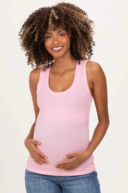 Pink Ribbed Scoop Neck Maternity Tank Top made by Zenana Outfitters