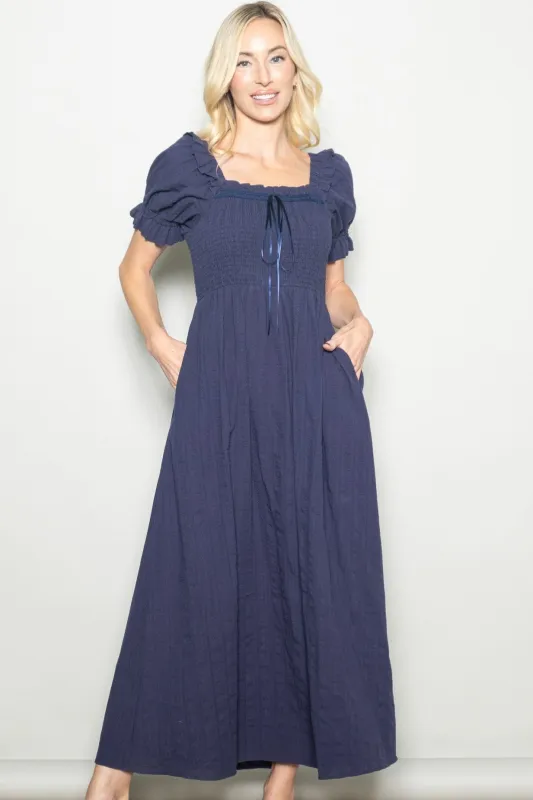 Navy Smocked Ruffle Accent Ribbon Tie Maxi Dress sold by Pinkblush