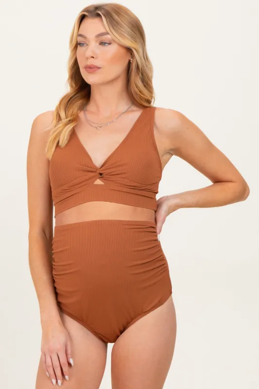 Rust Ribbed Twist Front Cutout Two Piece Maternity Swimsuit sold by Pinkblush