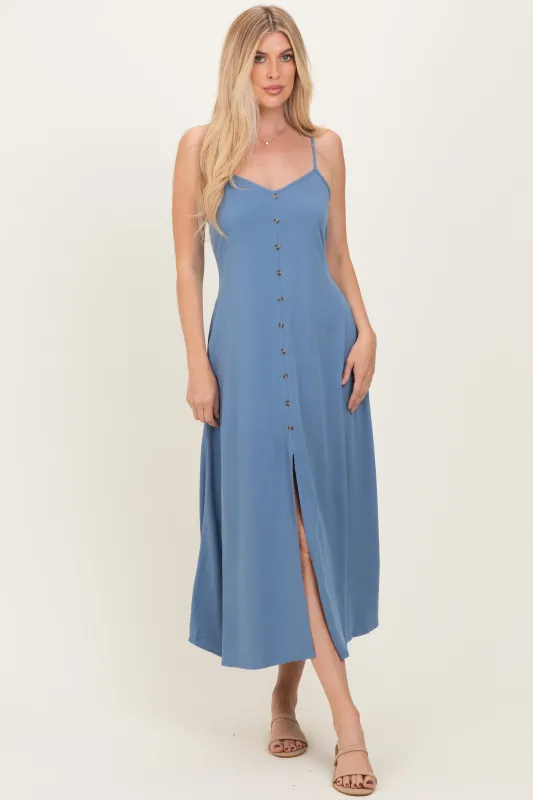 Slate Blue Button Accent Midi Dress sold by Pinkblush