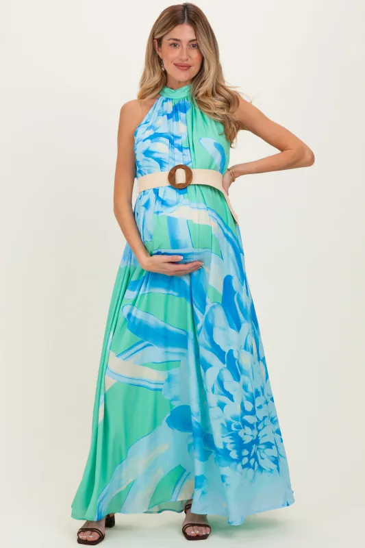 Mint Floral Chiffon Halter Maternity Maxi Dress made by Flying Tomato