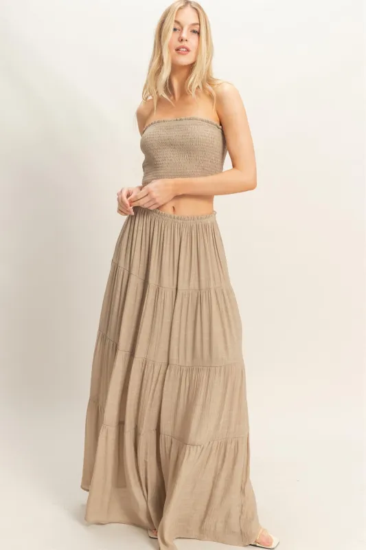Beige Smocked Tube Top Tiered Skirt Set sold by Pinkblush