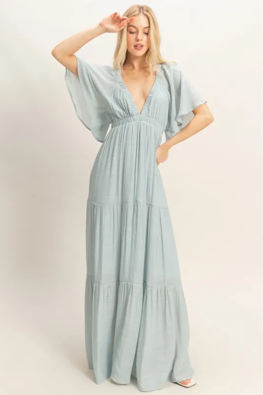 Light Blue Flutter Sleeve Maxi Dress sold by Pinkblush