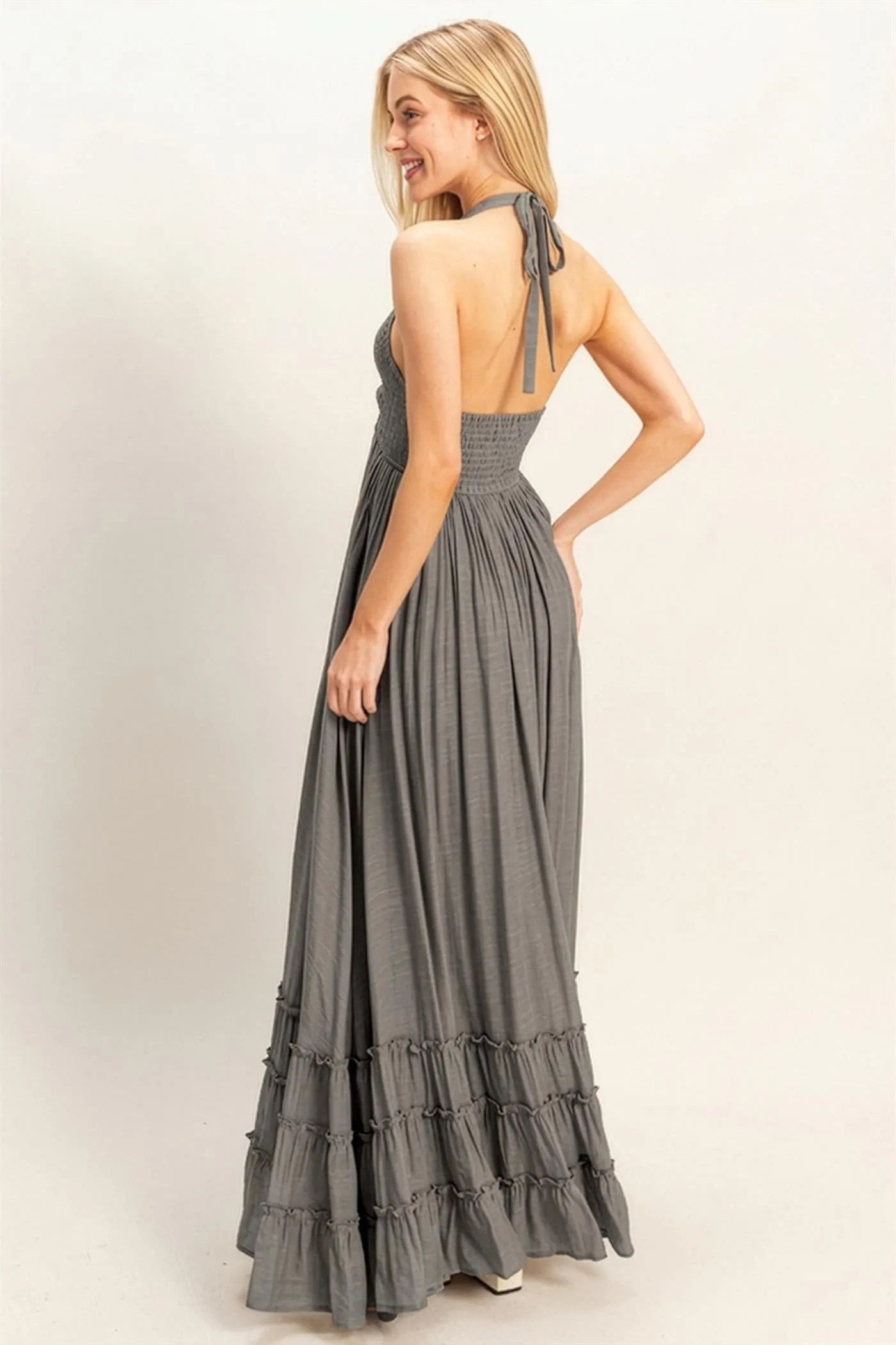 Gray Halter Neck Smocked Maxi Dress sold by Pinkblush product image thumbnail 4