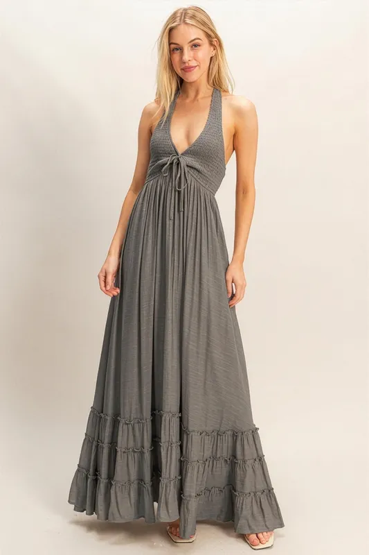 Gray Halter Neck Smocked Maxi Dress sold by Pinkblush