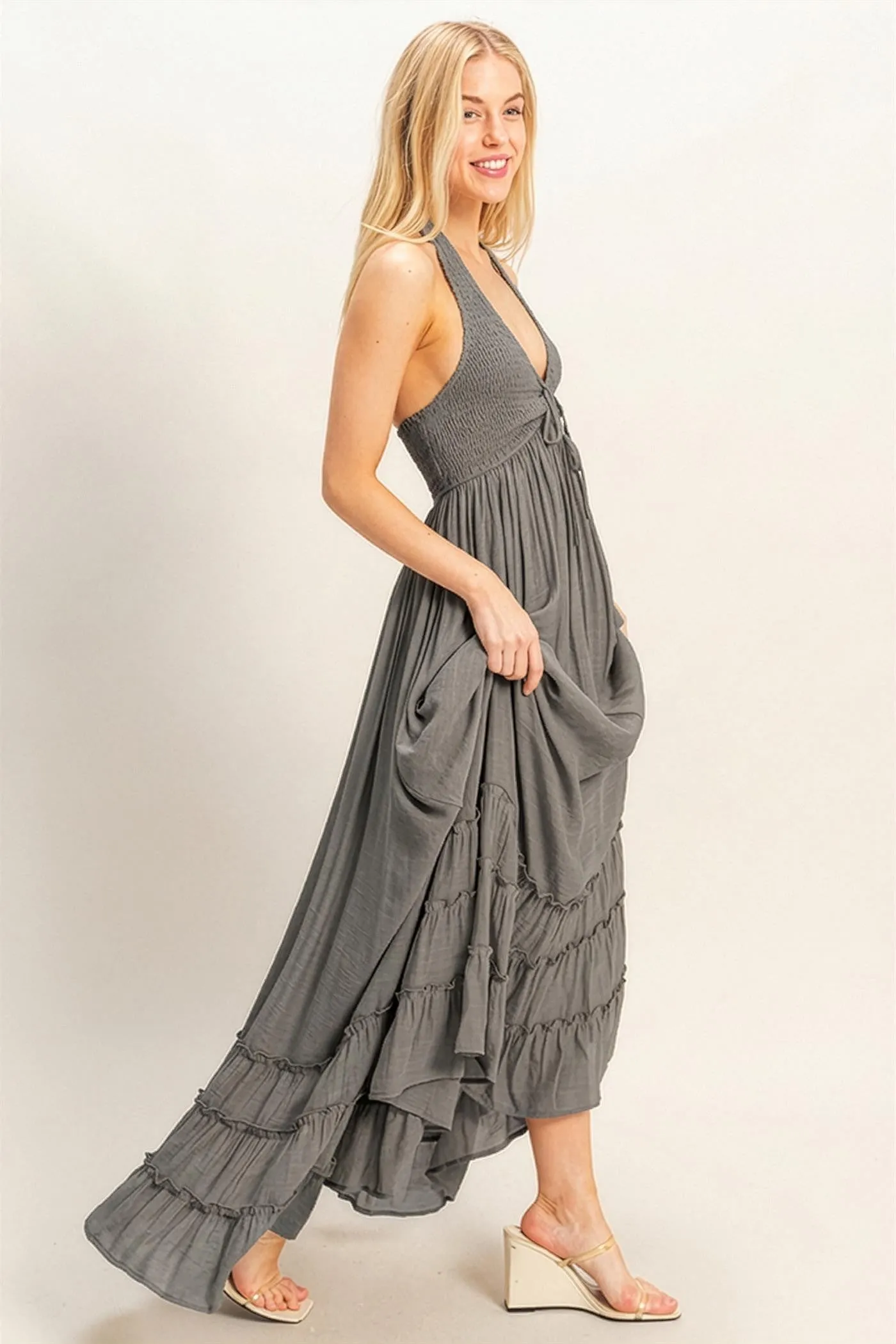 Gray Halter Neck Smocked Maxi Dress sold by Pinkblush product image thumbnail 3