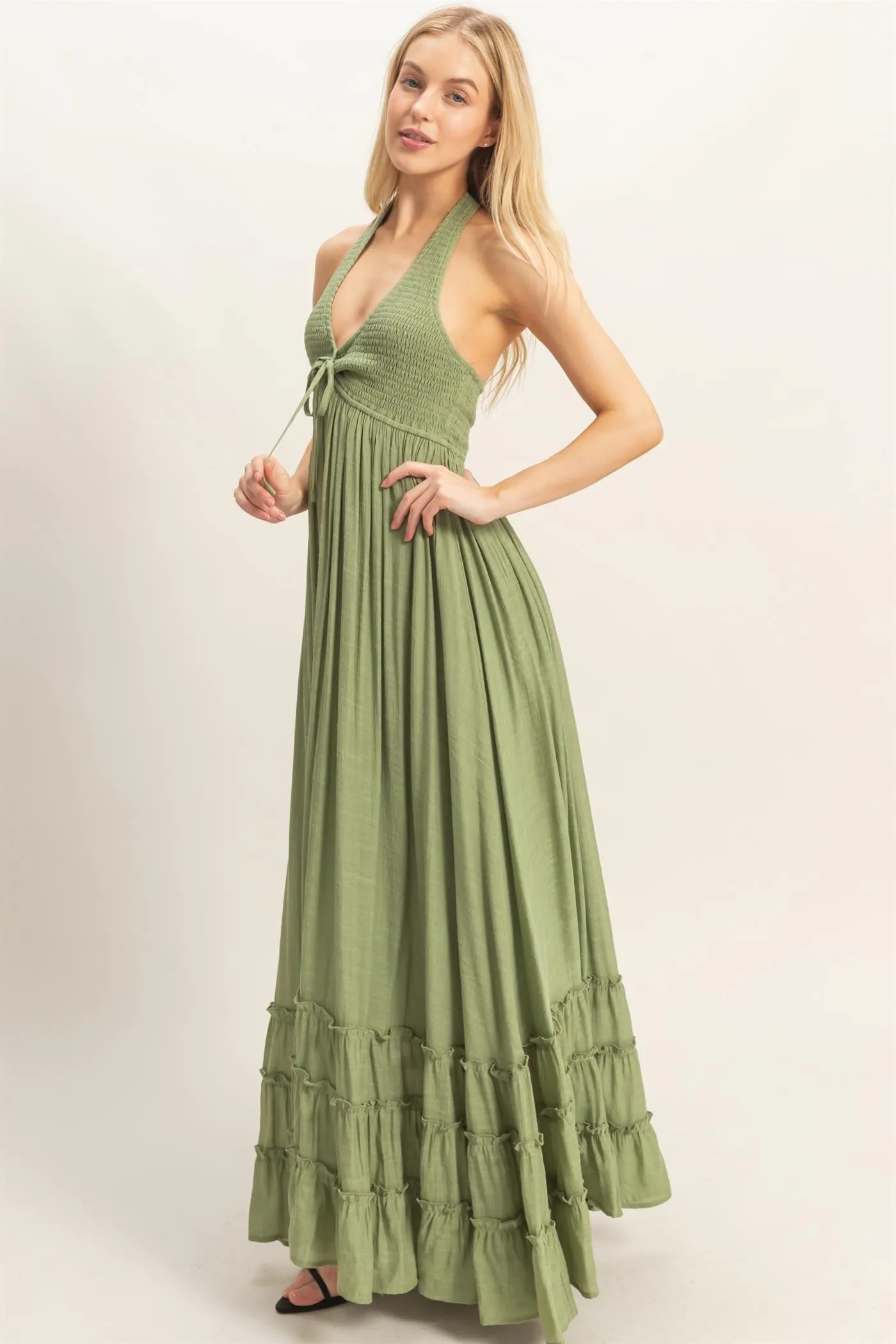 Sage Halter Neck Smocked Maxi Dress sold by Pinkblush product image thumbnail 3
