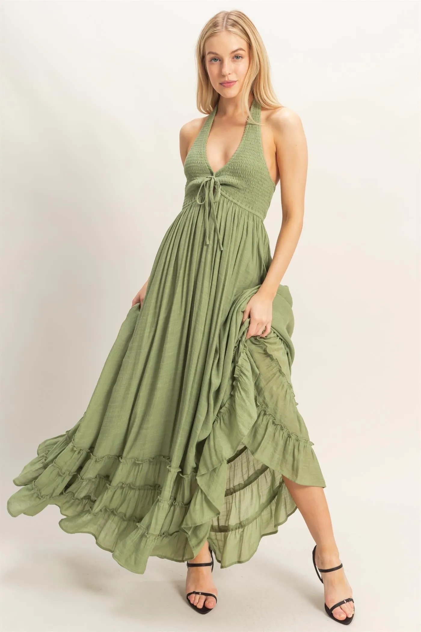Sage Halter Neck Smocked Maxi Dress sold by Pinkblush