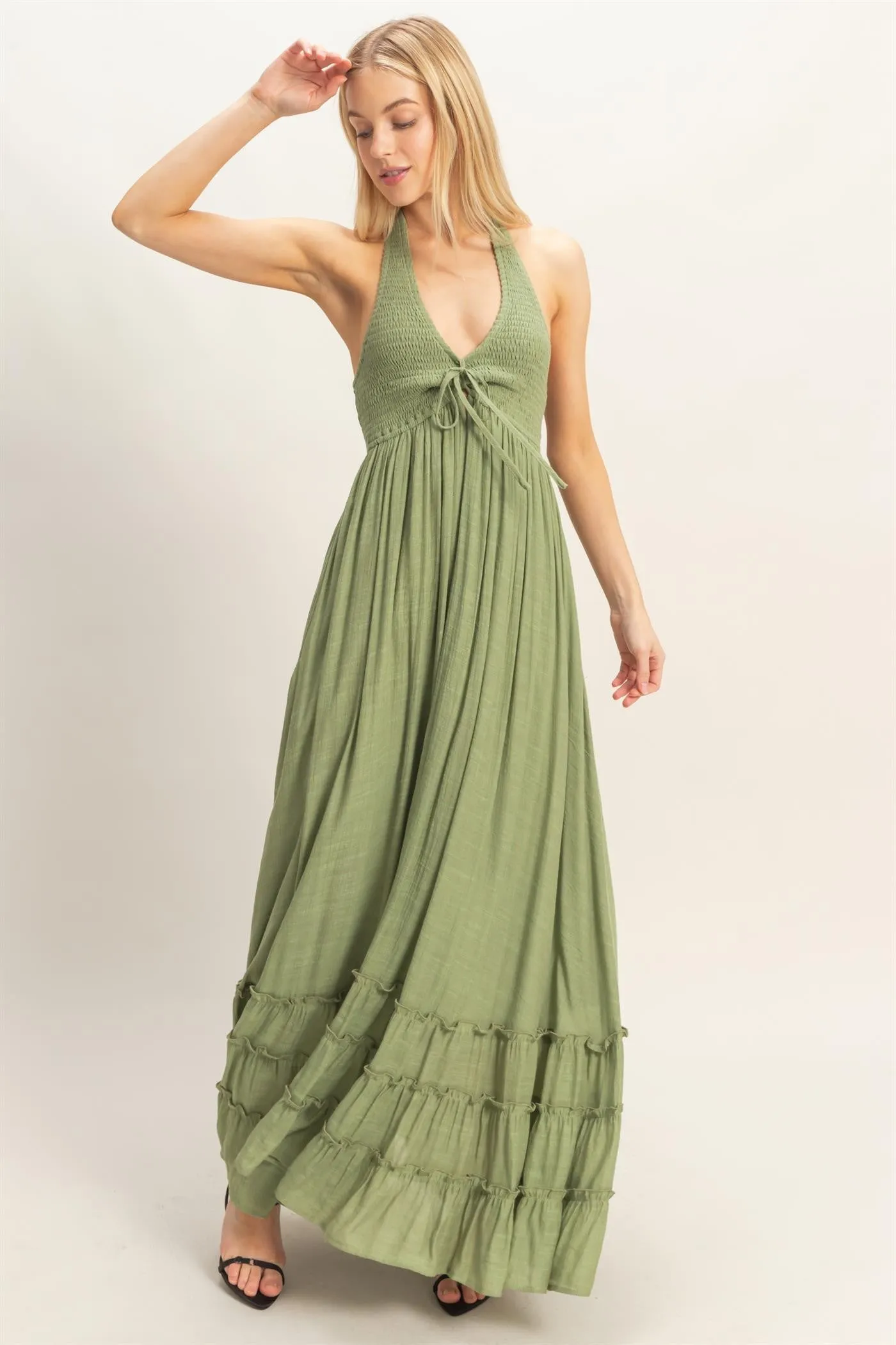 Sage Halter Neck Smocked Maxi Dress sold by Pinkblush product image thumbnail 2