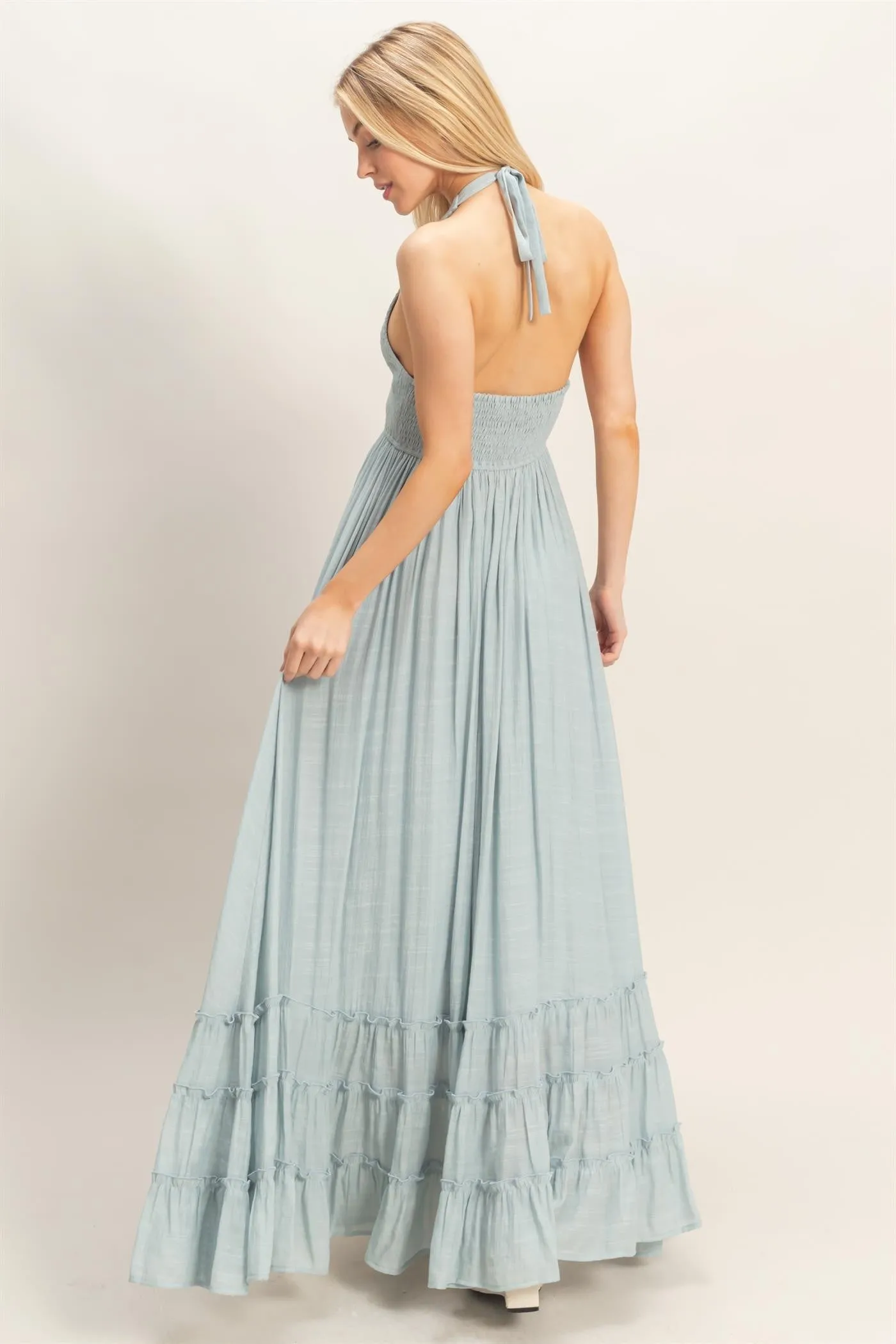 Light Blue Halter Neck Smocked Maxi Dress sold by Pinkblush product image thumbnail 4