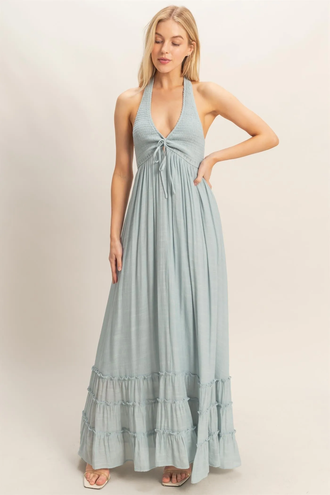 Light Blue Halter Neck Smocked Maxi Dress sold by Pinkblush product image thumbnail 2