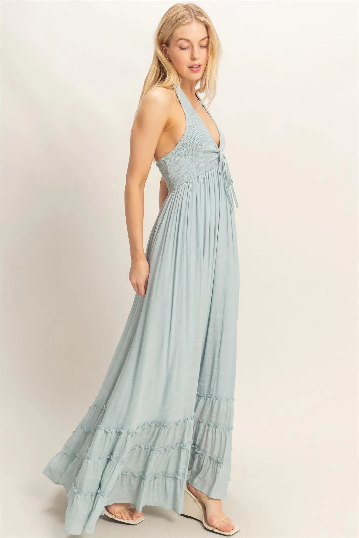Light Blue Halter Neck Smocked Maxi Dress sold by Pinkblush product image thumbnail 3