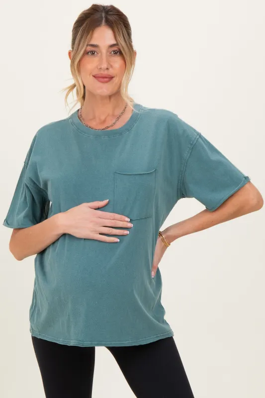 Teal Vintage Wash Raw Edge Pocket Maternity T-Shirt made by HYFVE