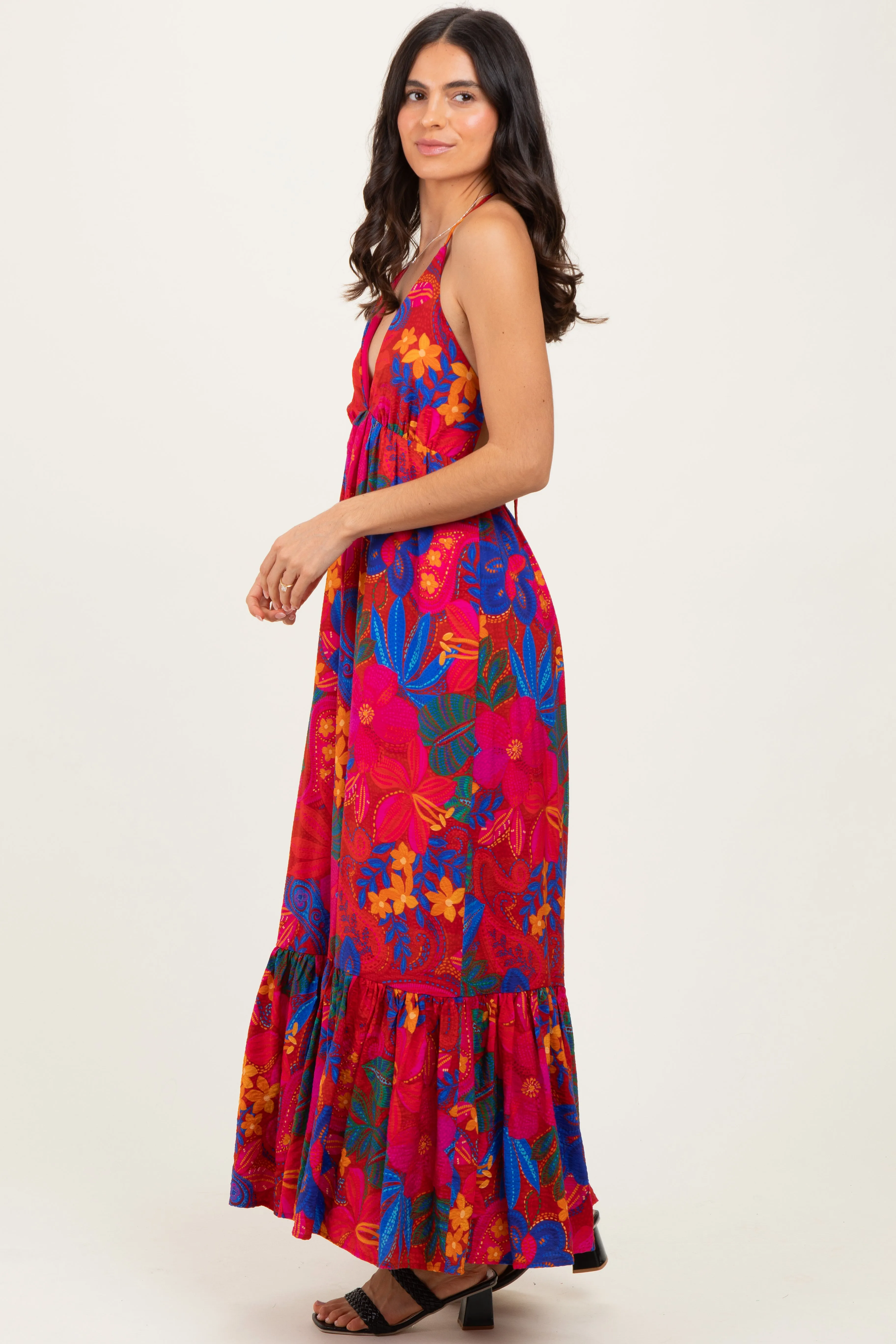 Red Floral Halter V-Neck Maxi Dress sold by Pinkblush product image thumbnail 3