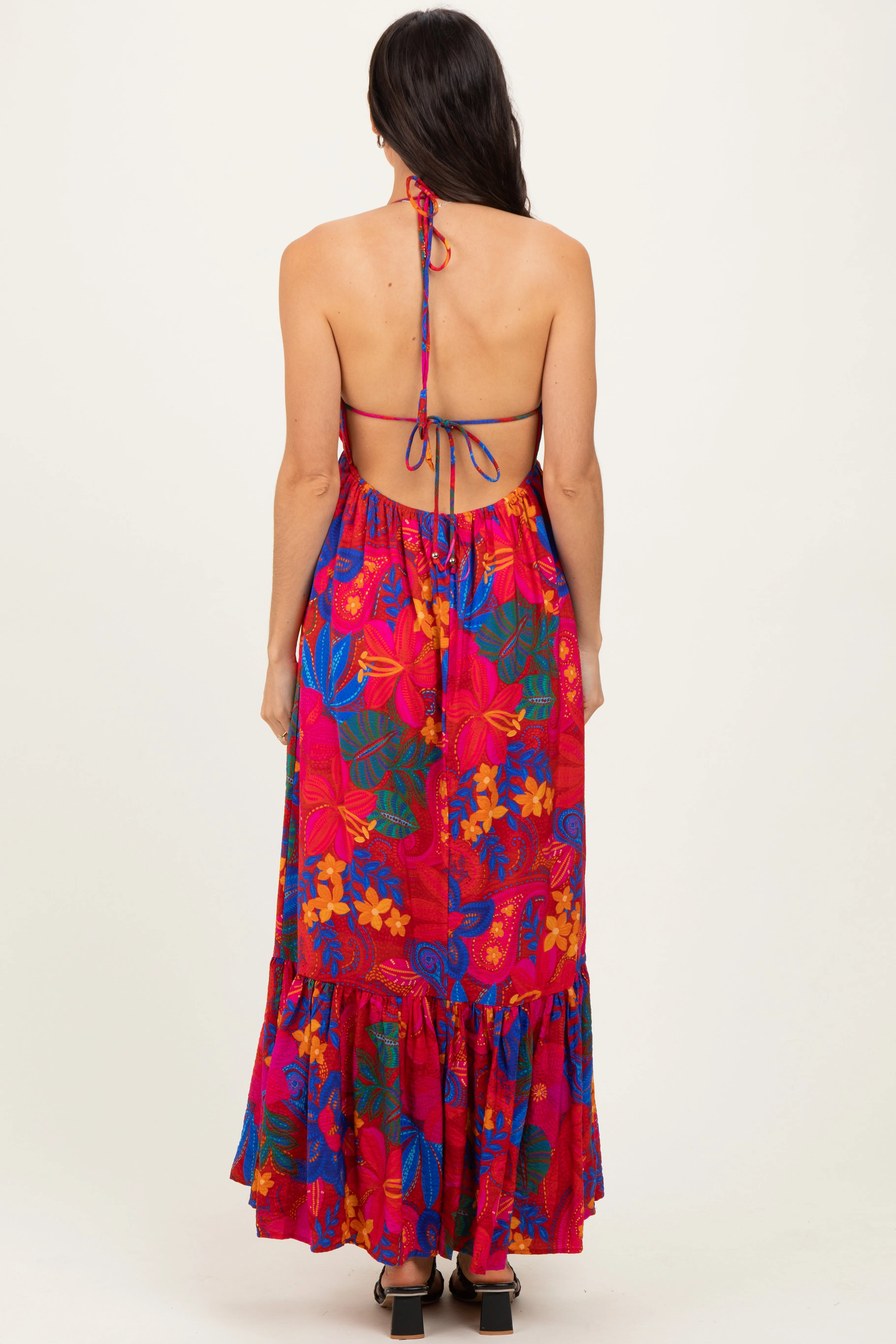 Red Floral Halter V-Neck Maxi Dress sold by Pinkblush product image thumbnail 4