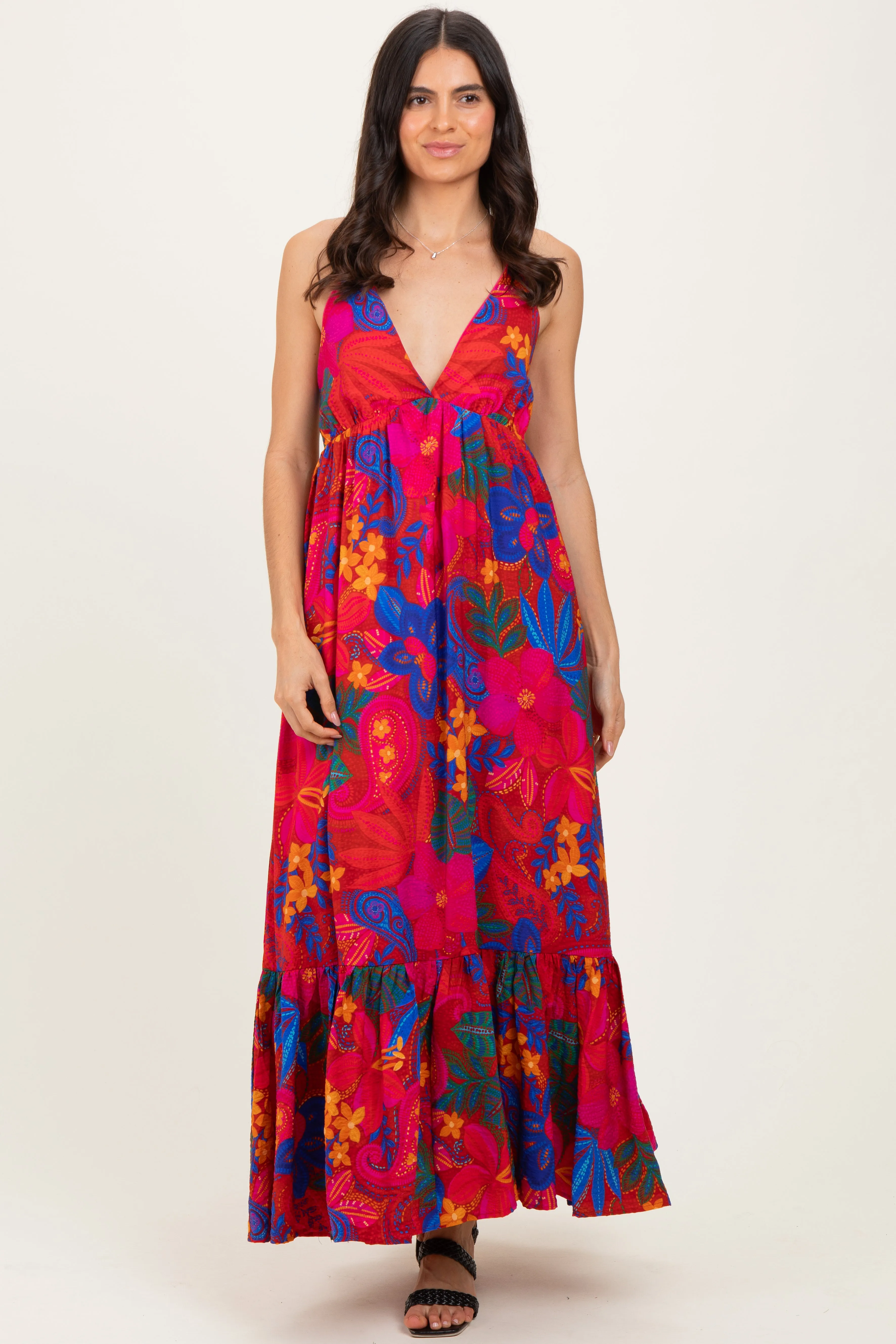 Red Floral Halter V-Neck Maxi Dress sold by Pinkblush