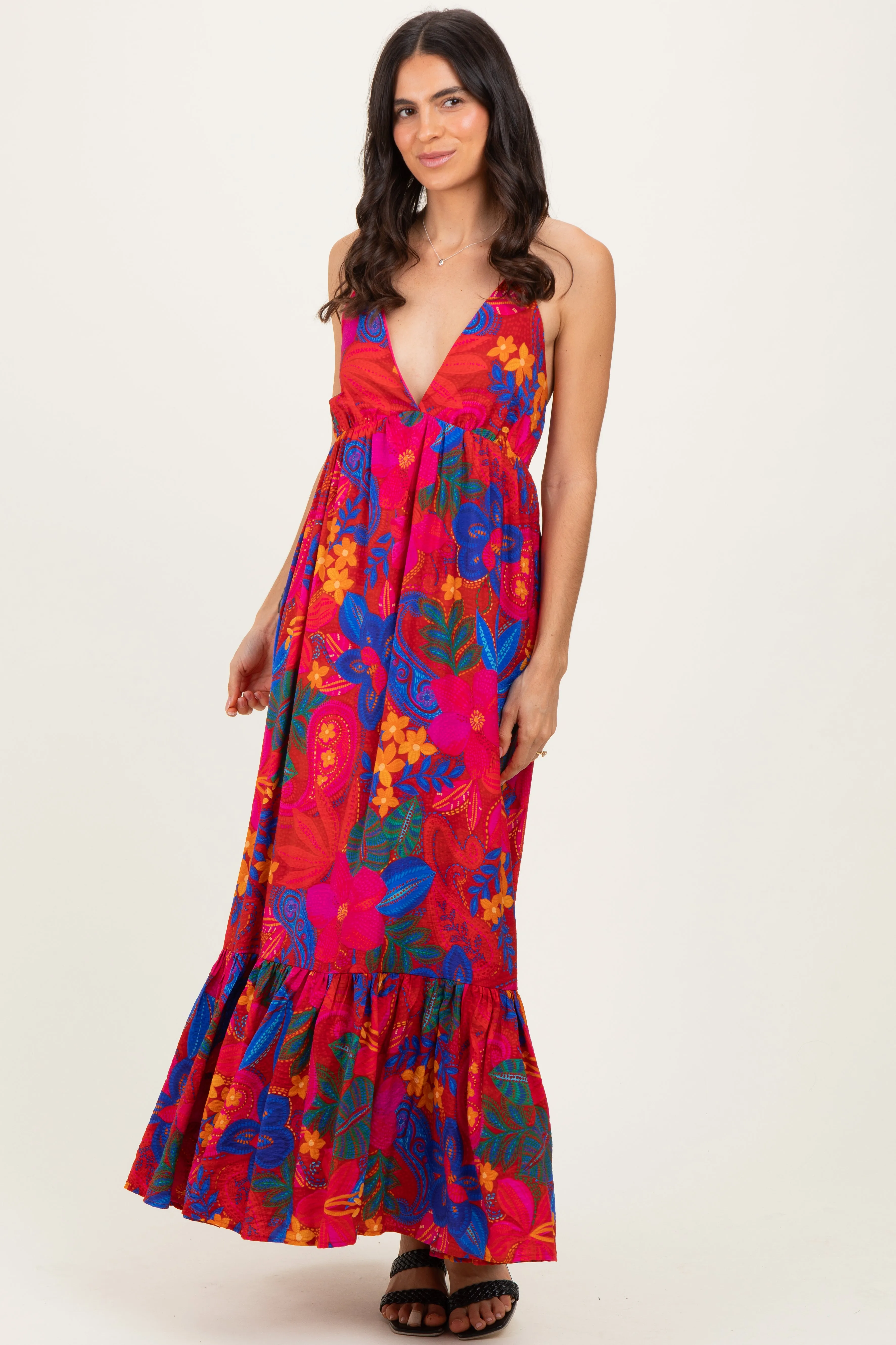 Red Floral Halter V-Neck Maxi Dress sold by Pinkblush product image thumbnail 2