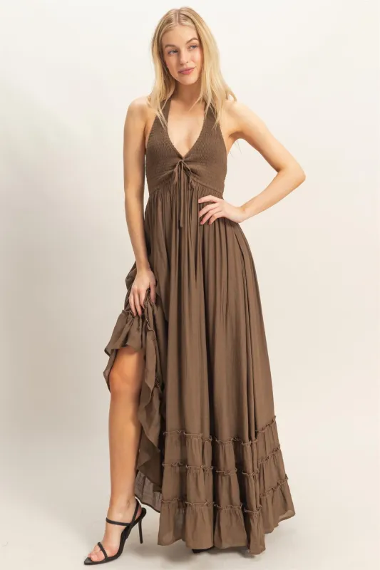 Brown Halter Neck Smocked Maxi Dress sold by Pinkblush