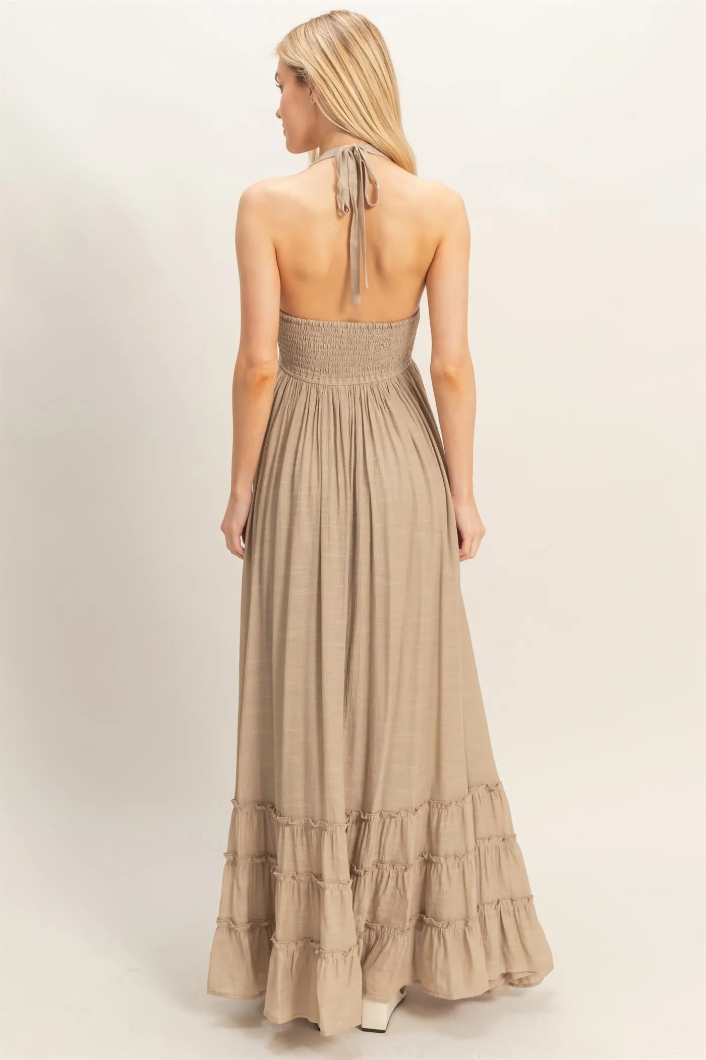 Taupe Halter Neck Smocked Maxi Dress sold by Pinkblush product image thumbnail 4