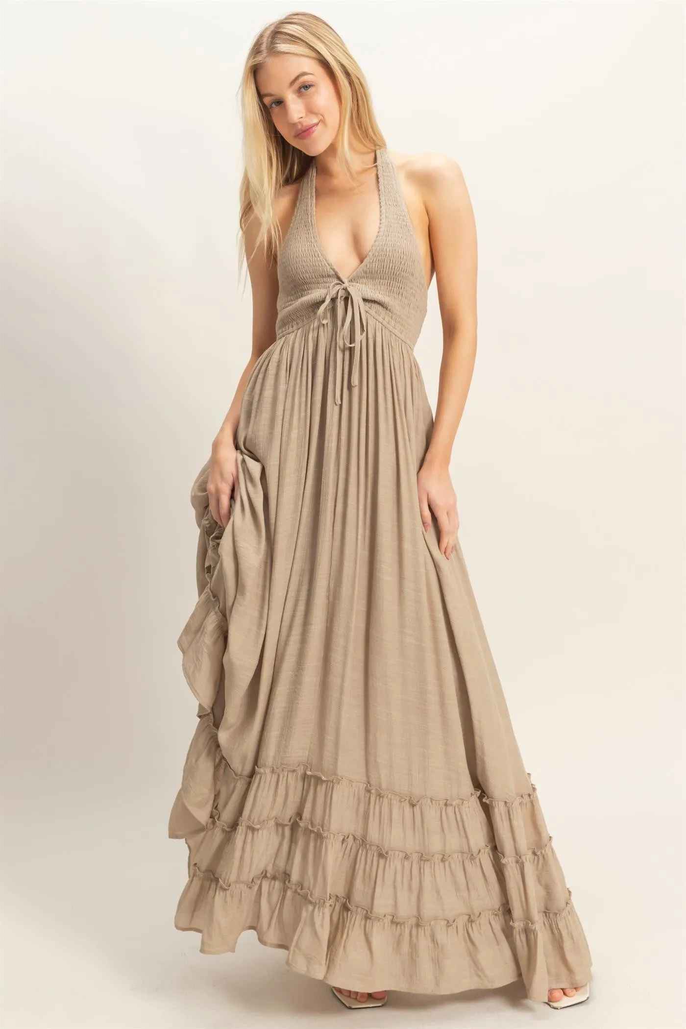 Taupe Halter Neck Smocked Maxi Dress sold by Pinkblush product image thumbnail 2