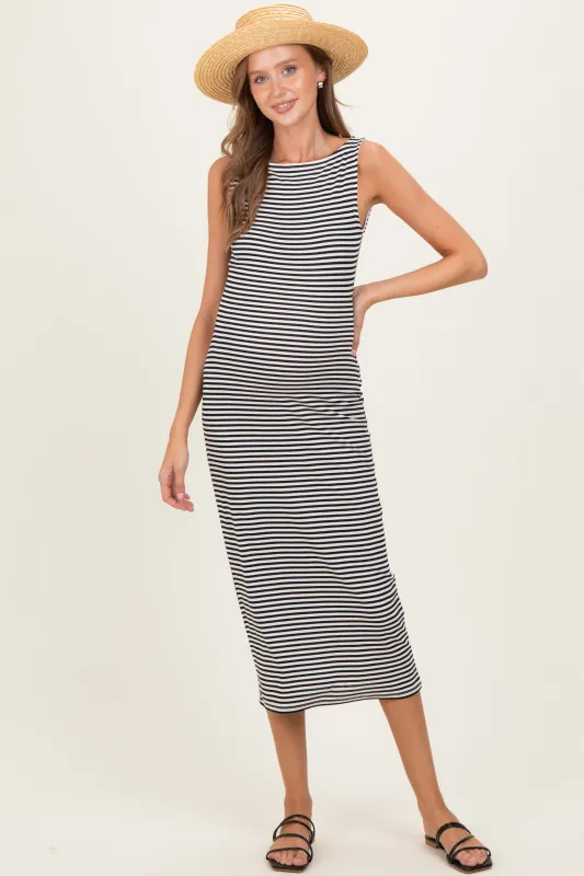 Black Striped Boat Neck Sleeveless Maternity Midi Dress made by Active Basic