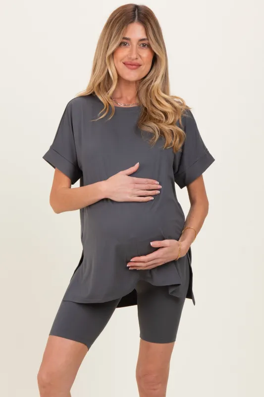 Ash Grey Hi-Low Short Sleeve Tee Biker Short Maternity Set sold by Pinkblush