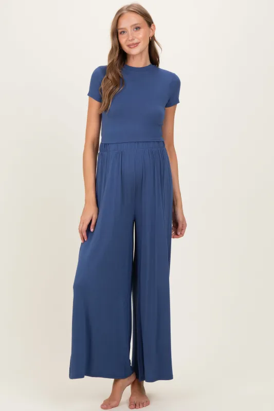 Light Navy Short Sleeve Crop Top Wide Leg Pant Maternity Set sold by Pinkblush