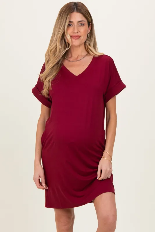 Cabernet Brushed Rolled Short Sleeve V-Neck Maternity Dress made by Zenana Outfitters
