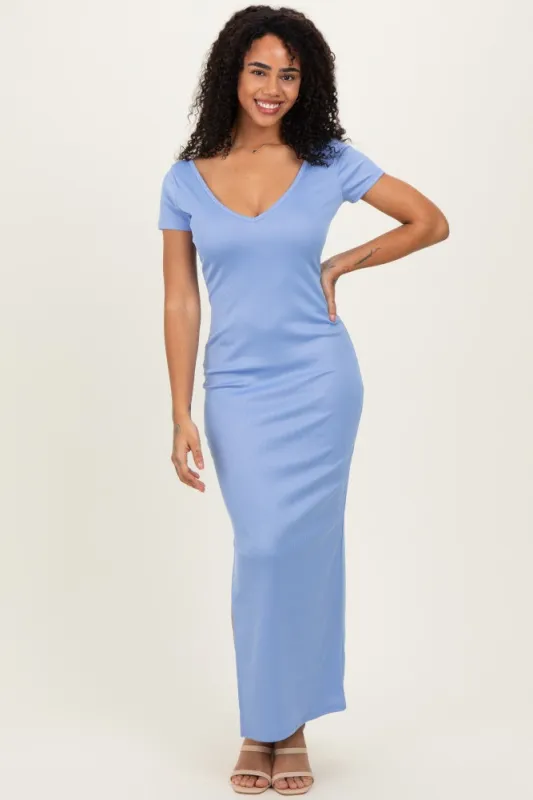 Blue Basic Ribbed Side Slit Midi Dress made by Pinkblush