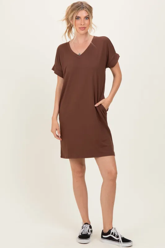 Brown Brushed Rolled Short Sleeve V-Neck Dress made by Zenana Outfitters