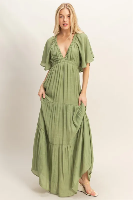 Light Olive Flutter Sleeve Maxi Dress sold by Pinkblush