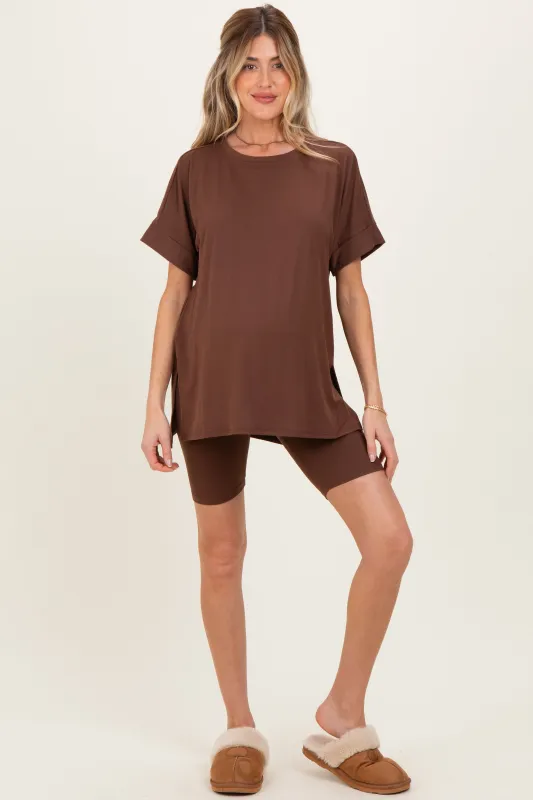 Brown Hi-Low Short Sleeve Tee Biker Short Maternity Set sold by Pinkblush