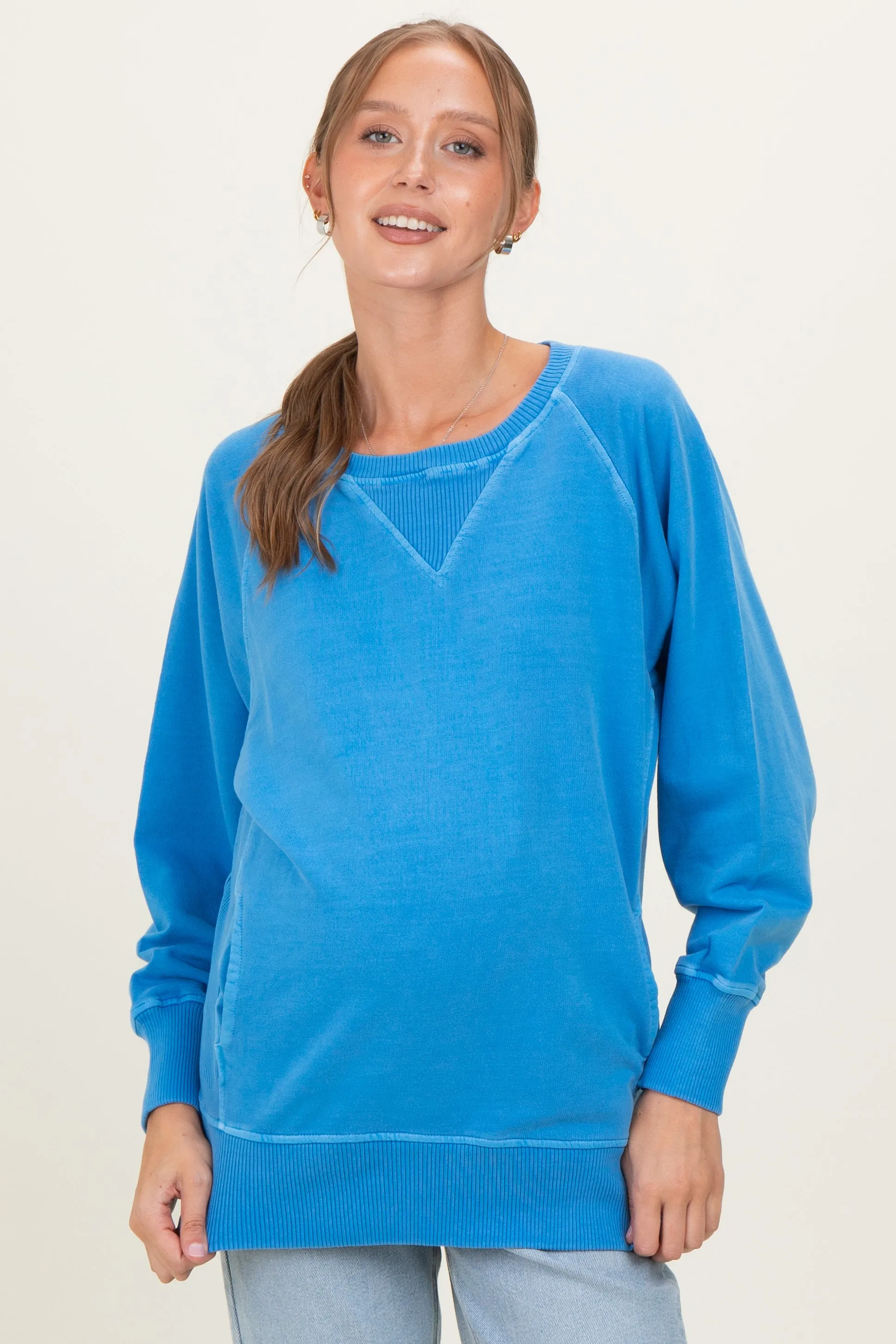 Classic Blue Vintage Wash French Terry Maternity Pullover sold by Pinkblush