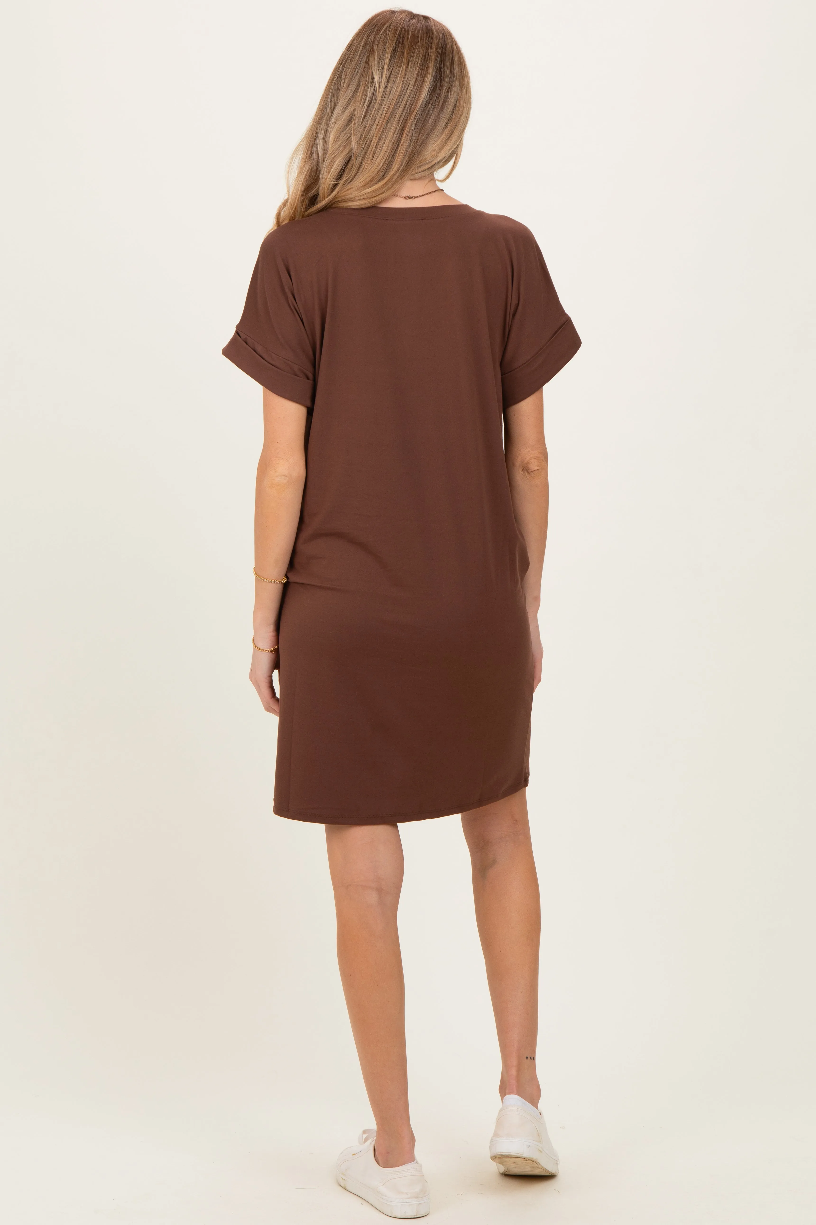 Brown Brushed Rolled Short Sleeve V-Neck Maternity Dress sold by Pinkblush product image thumbnail 4