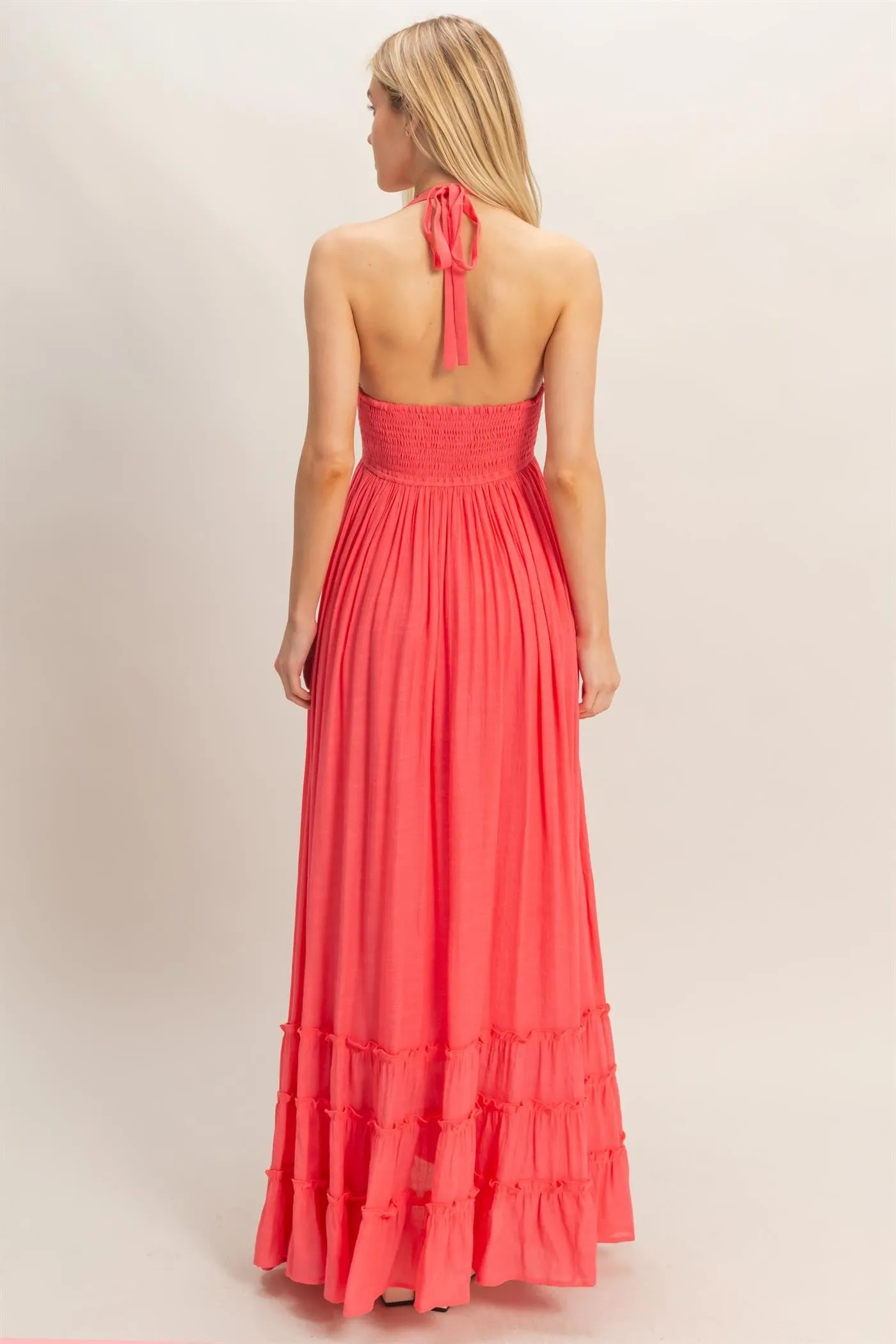 Coral Halter Neck Smocked Maxi Dress sold by Pinkblush product image thumbnail 4