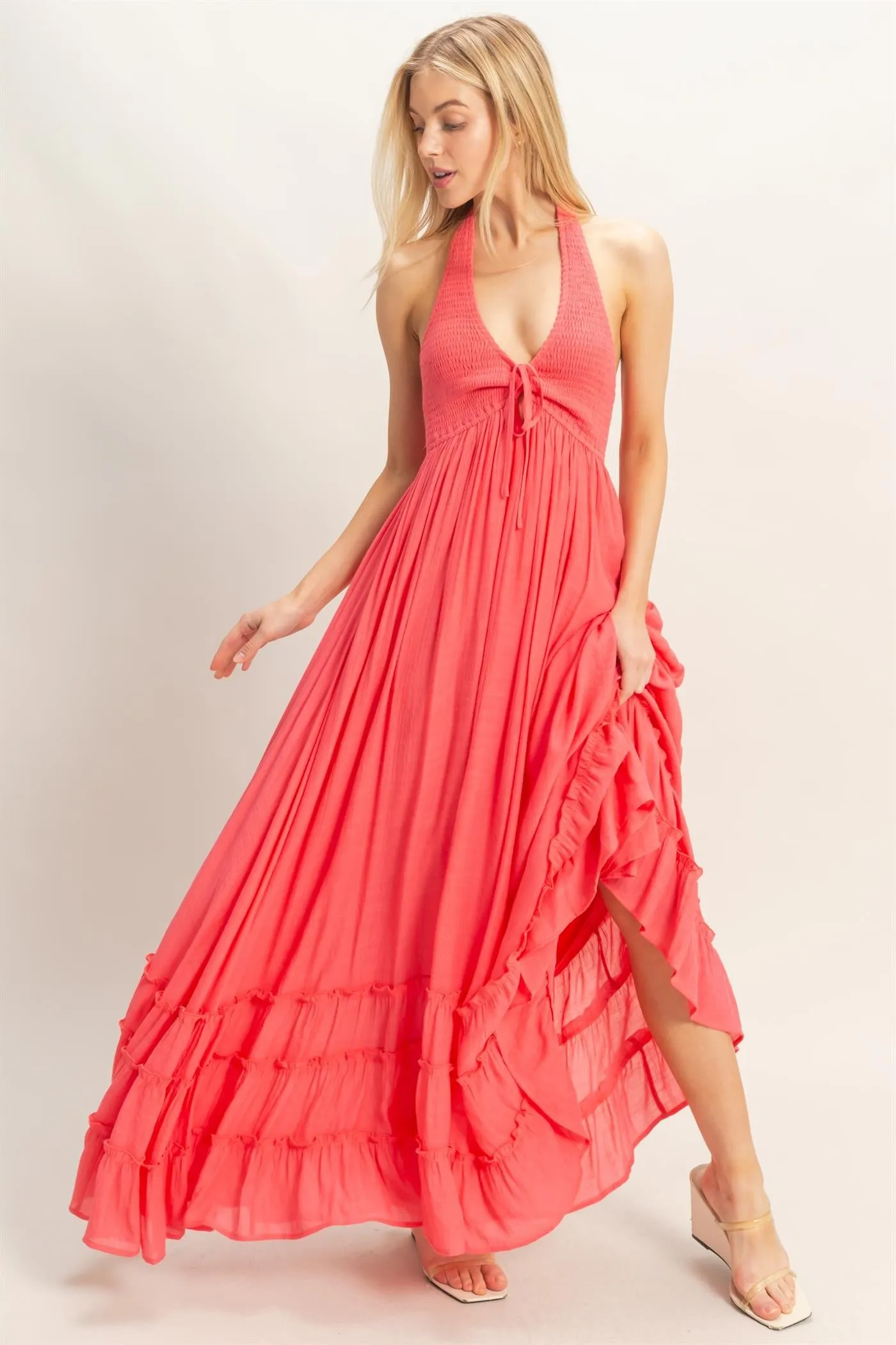 Coral Halter Neck Smocked Maxi Dress sold by Pinkblush