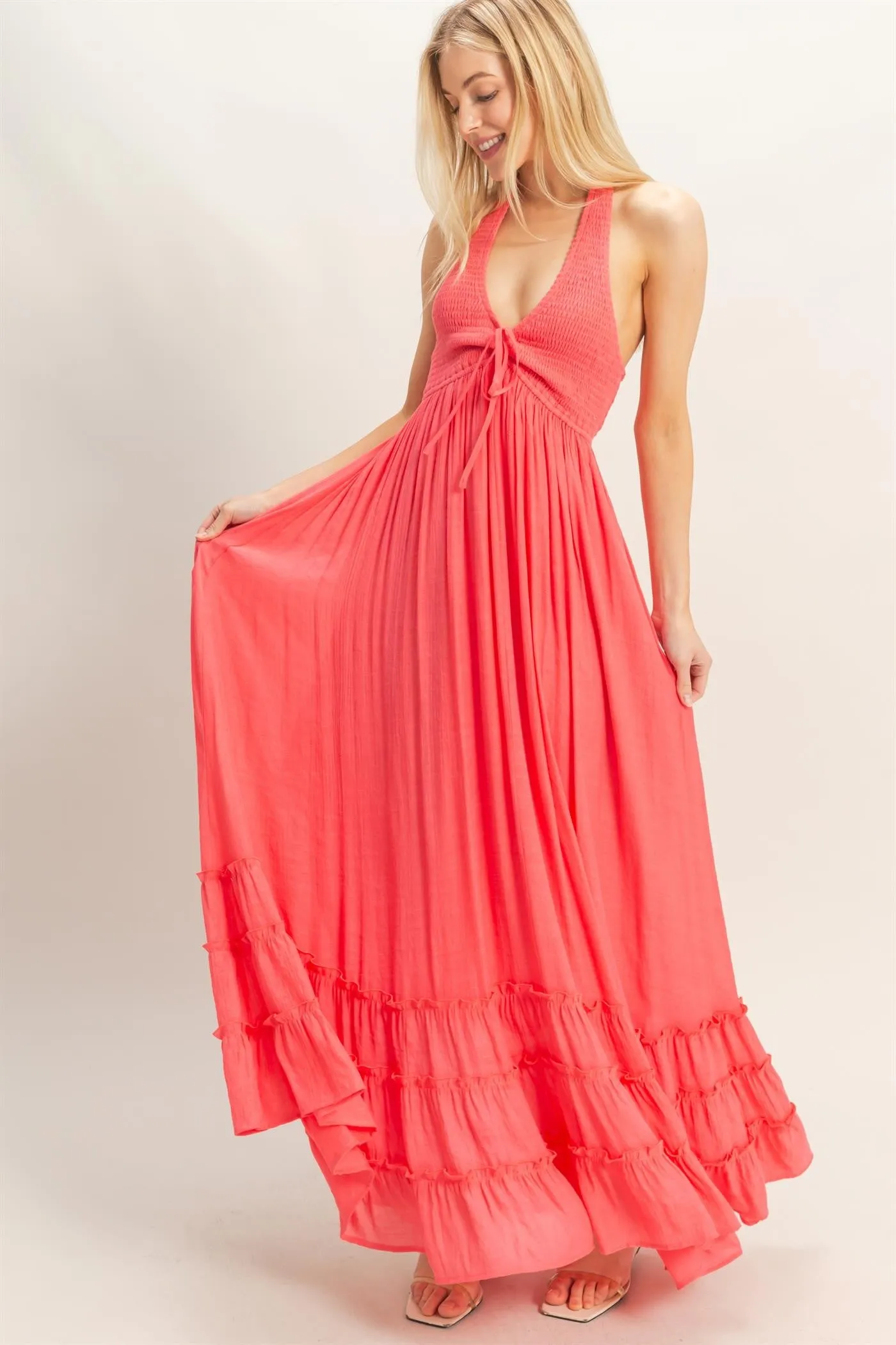 Coral Halter Neck Smocked Maxi Dress sold by Pinkblush product image thumbnail 2