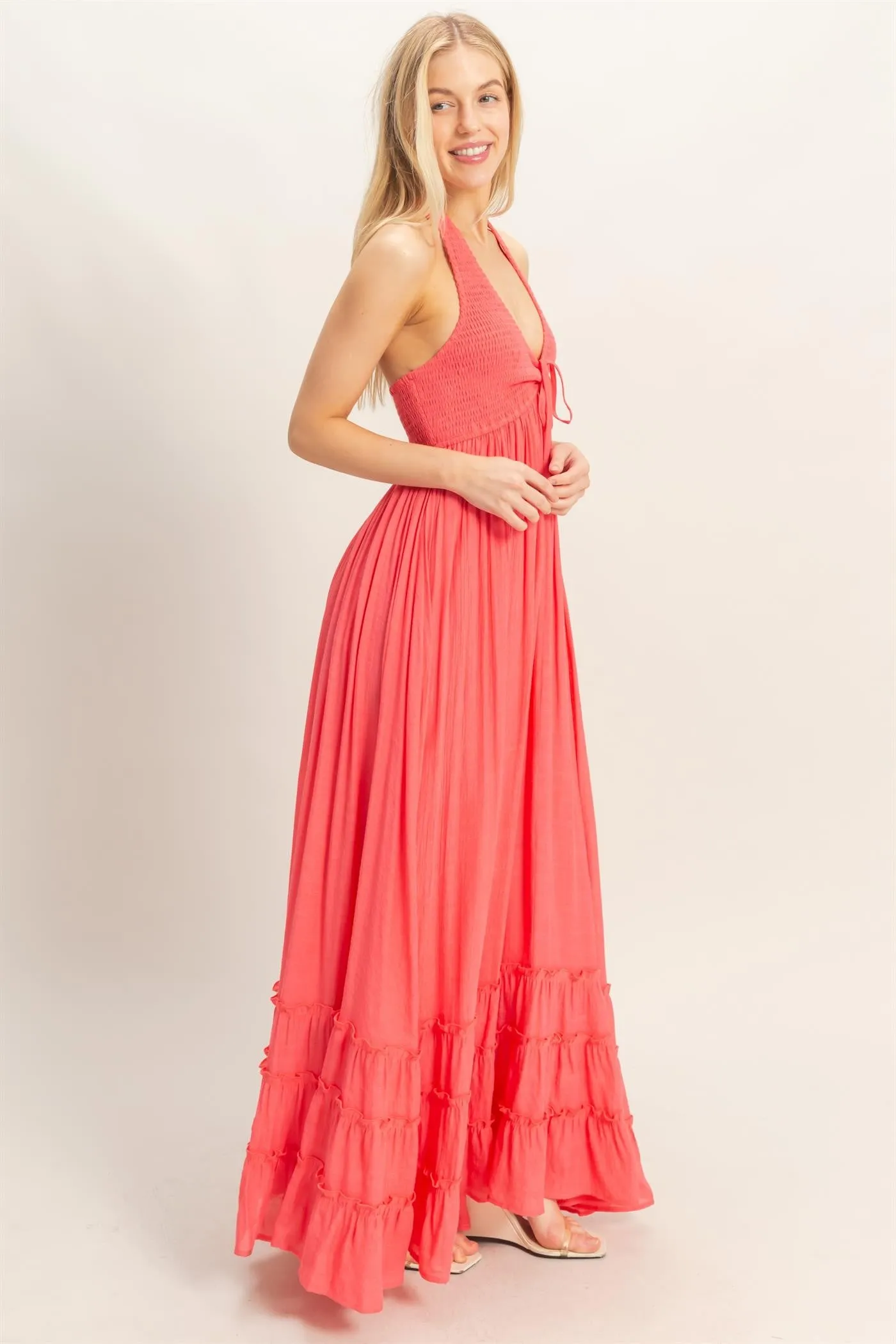 Coral Halter Neck Smocked Maxi Dress sold by Pinkblush product image thumbnail 3