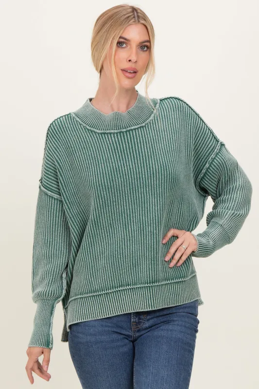 Dark Green Washed Side Slit Oversized Sweater sold by Pinkblush