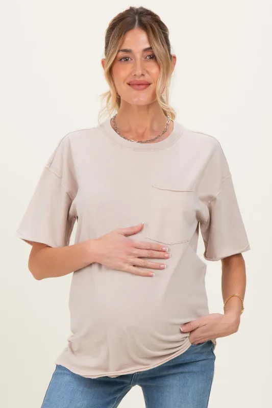 Light Taupe Vintage Wash Raw Edge Pocket Maternity T-Shirt made by HYFVE