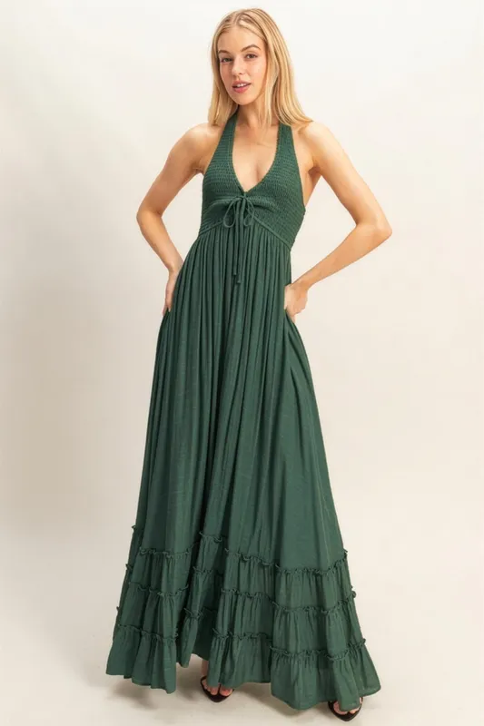 Hunter Green Halter Neck Smocked Maxi Dress sold by Pinkblush