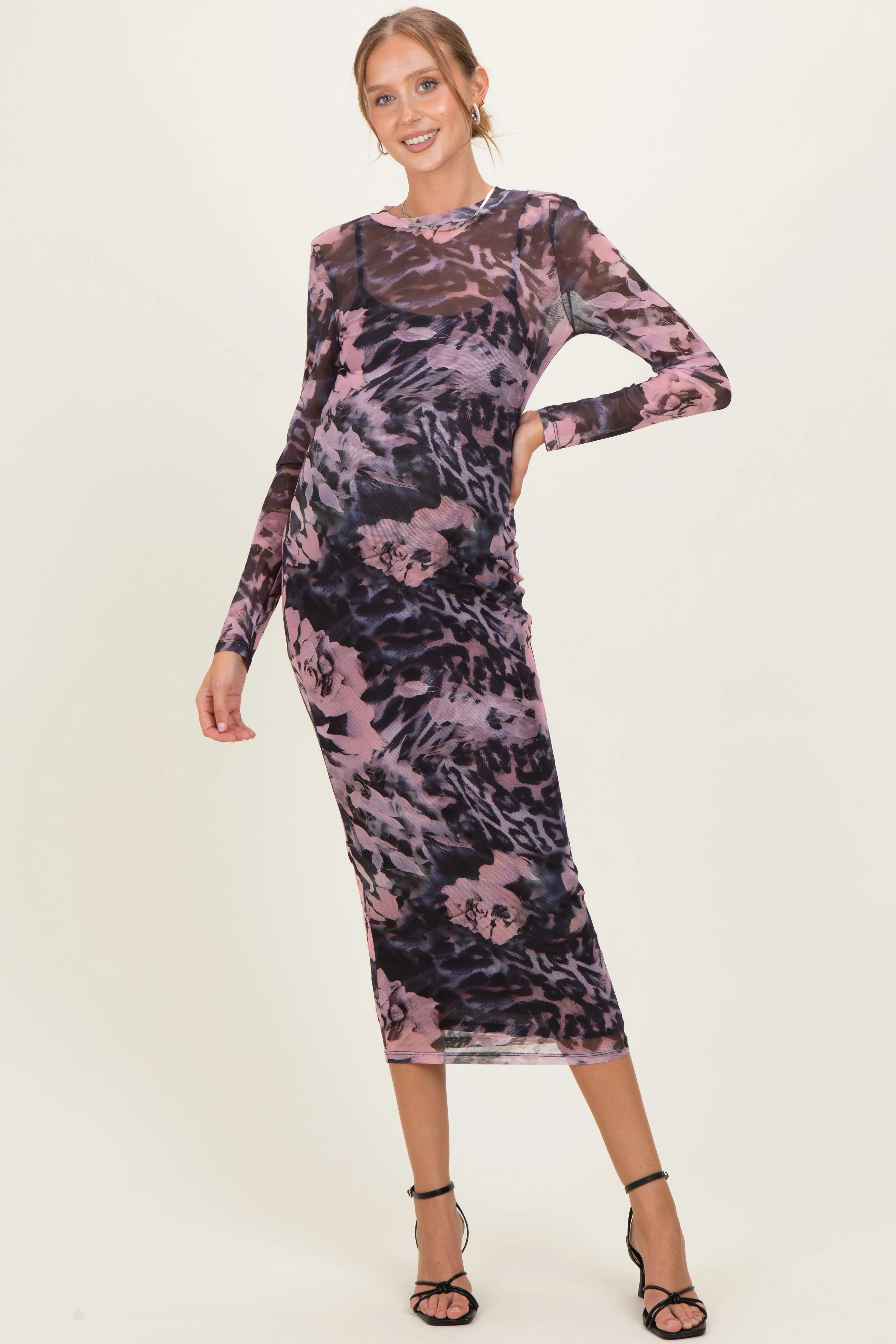 Pink Animal Print Mesh Overlay Maternity Maxi Dress sold by Pinkblush product image thumbnail 2