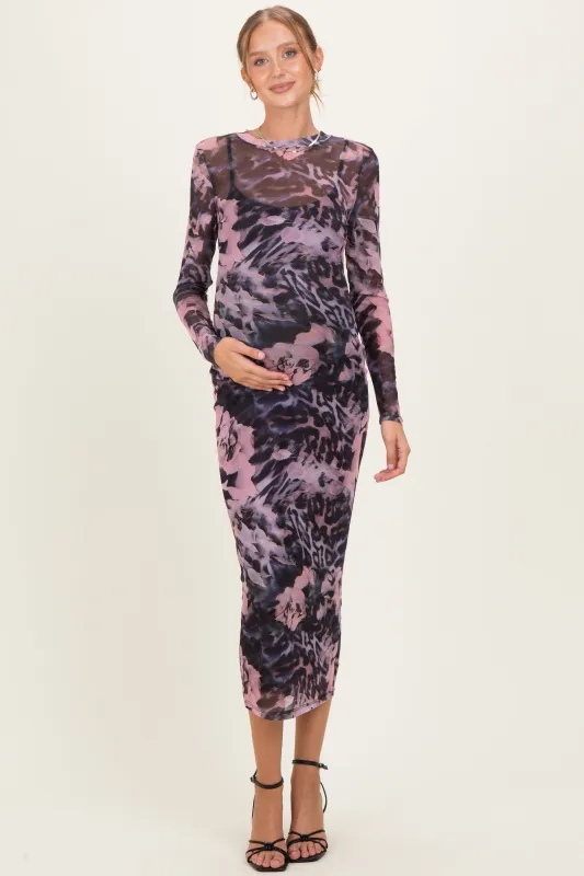 Pink Animal Print Mesh Overlay Maternity Maxi Dress sold by Pinkblush