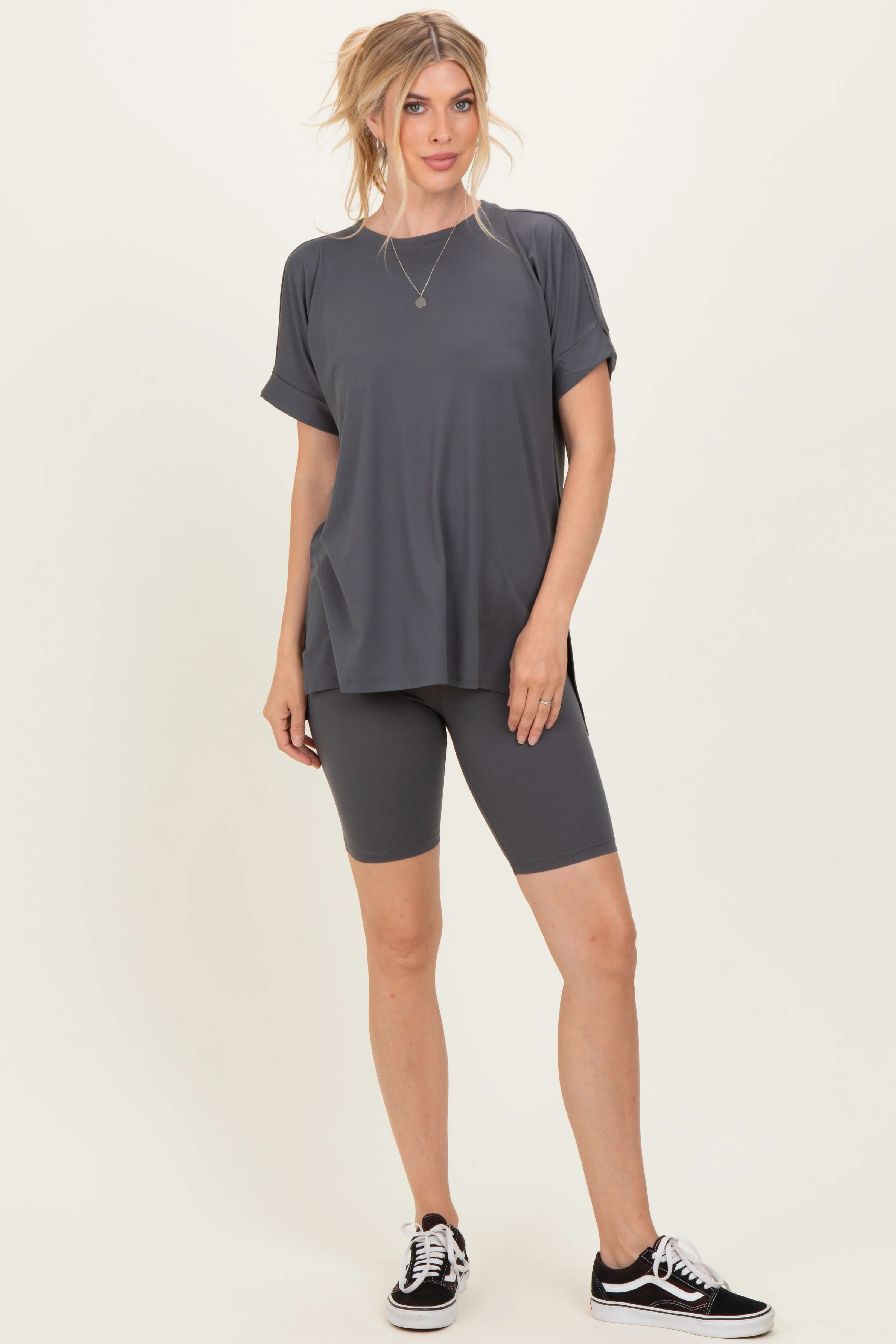 Ash Grey Hi-Low Short Sleeve Tee Biker Short Set sold by Pinkblush