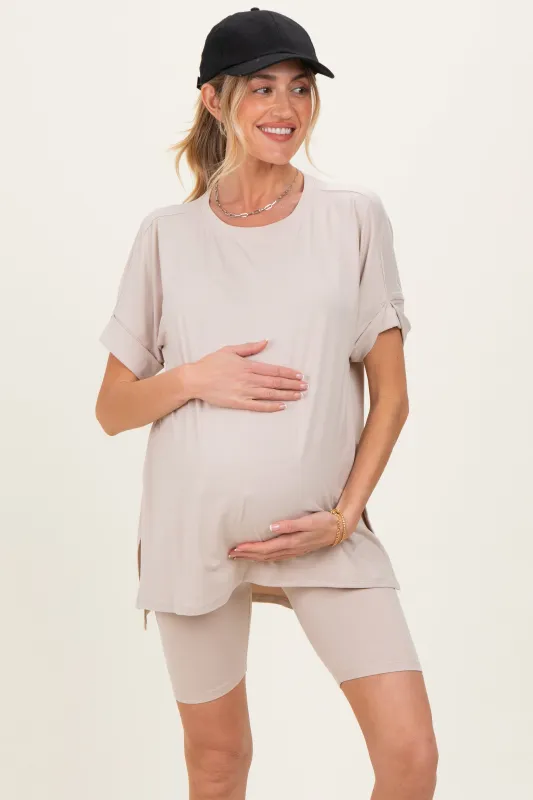 Sand Beige Hi-Low Short Sleeve Tee Biker Short Maternity Set sold by Pinkblush