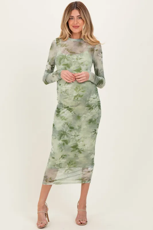 Light Olive Floral Mesh Overlay Maternity Maxi Dress sold by Pinkblush
