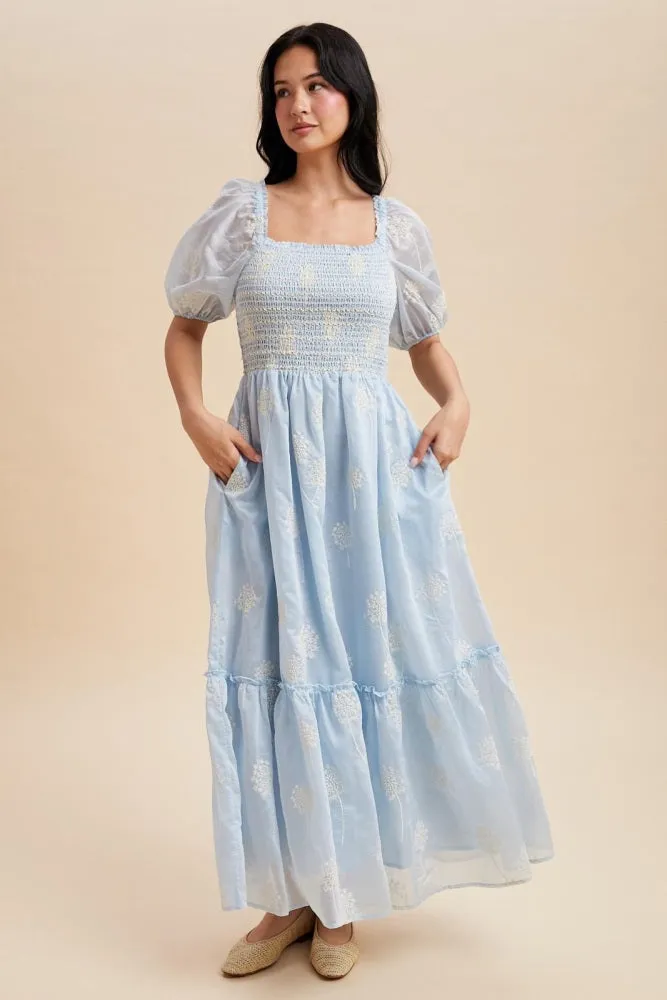 Light Blue Embroidered Floral Smocked Maternity Maxi Dress sold by Pinkblush product image thumbnail 5