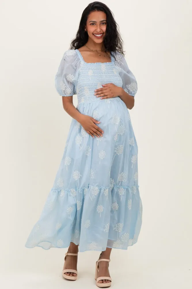 Light Blue Embroidered Floral Smocked Maternity Maxi Dress sold by Pinkblush product image thumbnail 2
