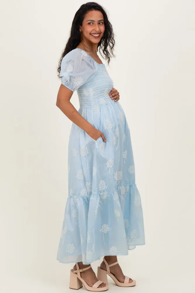 Light Blue Embroidered Floral Smocked Maternity Maxi Dress sold by Pinkblush product image thumbnail 3