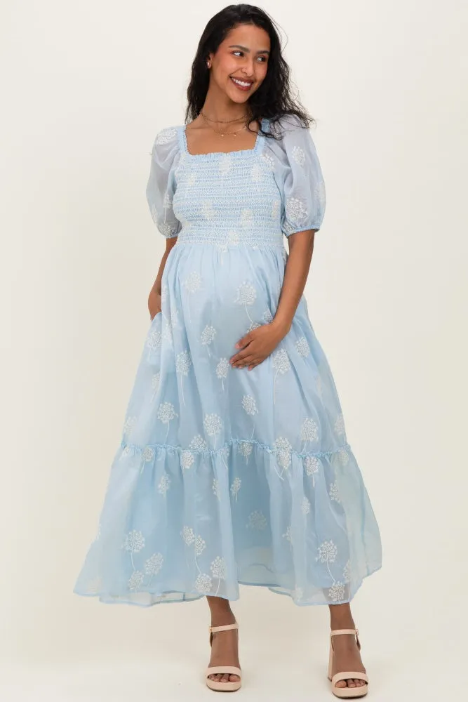 Light Blue Embroidered Floral Smocked Maternity Maxi Dress sold by Pinkblush
